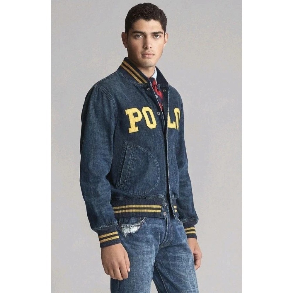 Polo Ralph Lauren Varsity Denim Jacket Mens Large Blue Baseball Letterman Logo